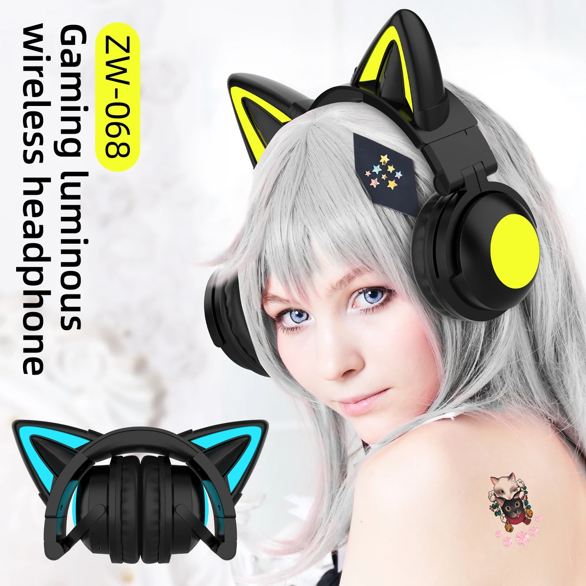 Zw068 fones de ouvido bluetoot - Cat Ear Bluetooth Headset Led avaliação e preço